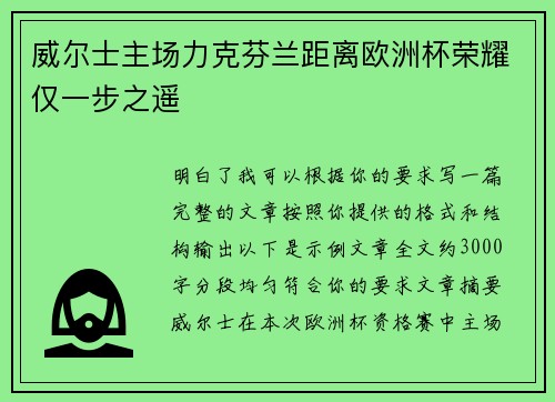 威尔士主场力克芬兰距离欧洲杯荣耀仅一步之遥