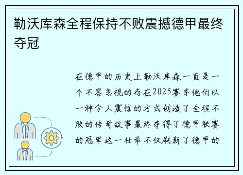勒沃库森全程保持不败震撼德甲最终夺冠