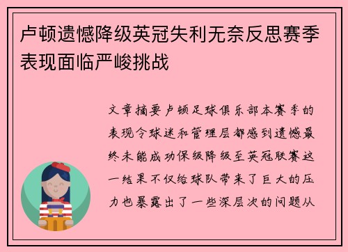 卢顿遗憾降级英冠失利无奈反思赛季表现面临严峻挑战